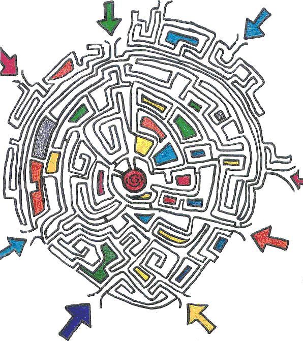 Dieses Labyrinth wurde von der Schülerin Margret Tiefenbacher beim Einkehrtag in Navis in Tirol gemeinsam mit MitschülerInnen entworfen.